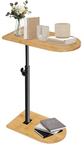 Beistelltisch C Form Höhenverstellbar Kleiner Tisch Bambusholz und Metall Couchtisch Sofatisch Kaffeetisch Side Table Sofa Table Betttisch für Wohnzimmer Bad Bett Sofa und Kaffee