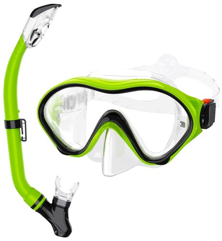 Snorkeling Gear for Kids with Foldable Silicone Full Dry Snorkel, Kids Snorkel Set Anti Leak Youth Junior Snorkeling Package Diving Mask Soft Tube with Mesh Bag Swimming Goggles, Green+Black