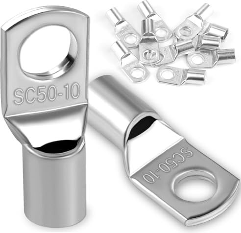 10 lengüetas de alambre de cobre de 50 mm2 M10, agujero de perno, extremos de cable de batería, ojales, conectores de terminales de anillo tubular