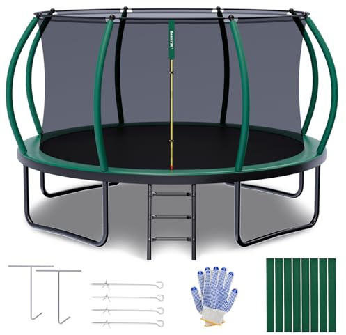 SAIBERTAN Trampolin Outdoor Ø 244/305/366cm | EN-71-Zertifizierung | Rundes Gartentrampolin für Kinder mit Sicherheitsnetz, Leiter & Fäustling, Kürbis-Design