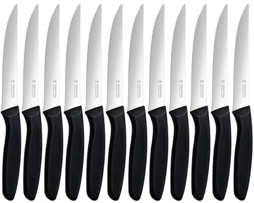 targzier Couteaux à Steak Set de 12,Couteau Steak Dentelé de Haute Qualité,Couteaux de Cuisine Professionnelle,Couteau en acier Inoxydable,Poignée Noir Robuste,Couteaux et Ustensiles de Cuisine