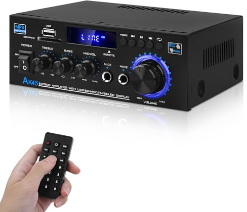 Audio Amplifier Receivers-AK45 Bluetooth 5.0 HiFi Stereo Mini Power Amplifier RMS 40W x 2 Max. 400W 2.0 Channel Home Theater Audio Components Speakers Amp wiim amp ultra W/MIC,USB, RCA,FM Radio