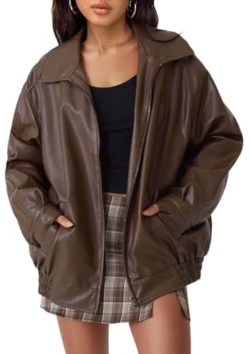 BUNSLOOM Giacche in pelle da donna, casual, oversize, alla moda, con colletto a risvolto, giacca da motociclista Y2k
