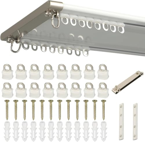 Double Curtain Track,2m Ceiling Mounted Silent Glide Hooks Heavy Duty Dual Row Rail,Aluminium Curtain Rail for Windows,Bedrooms & Living Rooms