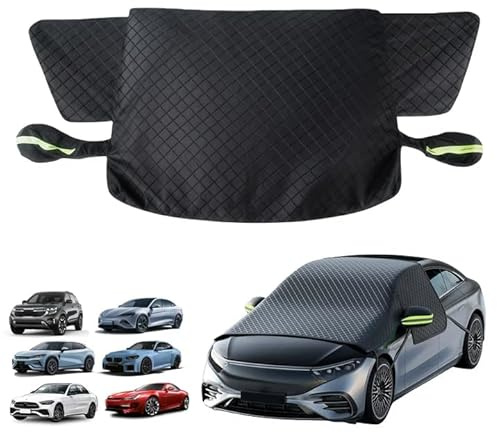 GOEDCH Telo di copertura per parabrezza in tessuto Oxford: impermeabile per auto semi-garage con 6 fasce elastiche, copertura per auto pieghevole contro neve, ghiaccio, gelo, polvere, sole