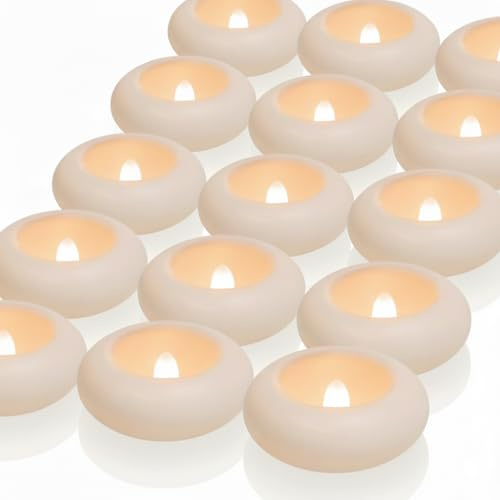 Teynewer 24 Pack Waterproof Flameless Floating Tealights, Warm White Battery Flickering LED Tea Lights Candles for Wedding, Party, Bath, Tub, Spa, Pool, Pond (D 3 inch X H 1 inch)