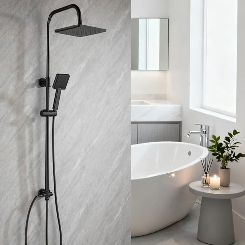 RONVIE Adjustable Shower Riser Rail Kit with 8 Square Rainfall Shower Head & Handheld Spray, Dual-Function Brass Diverter Valve, Height/Angle Ronvie Adjustable Anti-Leak System(Black)