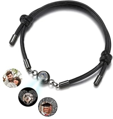 PiercingJak Projektion Armband mit Foto Bild im Stein Personalisiertes Lederarmband Herren Damen Armbänder Liebe Freundschaft Schmuck Beziehungs Geschenk für Partner Paare Freunde Familie