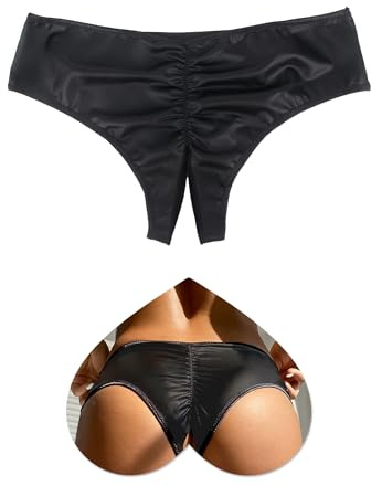 sunshinelady Slip Ouvert Für Frauen PU Unterhosen Damen Unterwäsche Offen im Schritt Sexy Unterhosen Große Größen Elastische String Tanga Low Waist Hipster Höschen Open Panties Women Schwarz L
