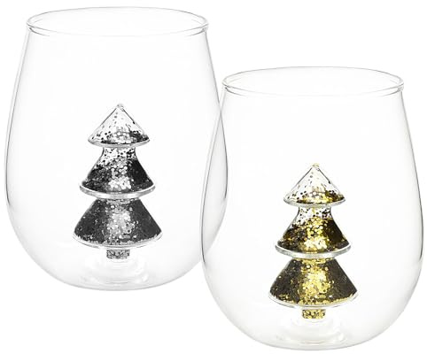 Generico 2 pezzi bicchieri da vino senza stelo in cristallos con albero di Natale 3D, bicchieri da vino natalizi, bicchiere per bevande natalizie, per decorazioni per feste in casa, bar
