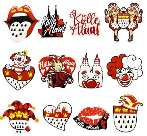 Zosutetoxo 12stück Karneval Bügelbilder Rot Weiß Köln Aufbügeln Patches Karneval Accessoires Fasching Kostüm für Damen
