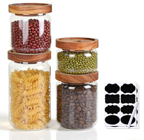 efuturetime 4 Barattoli in Vetro Ermetici con Coperchio in Legno | 1000ml/750ml/500ml/350ml, Stoccaggio Impilabile da Cucina per Spezie, Conservare Cereali, Zucchero, Caffè, Tè