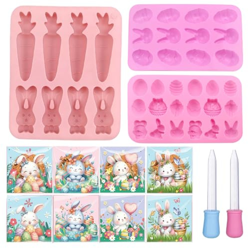 Ostern Silikon Schokoladenformen 3 Stück Und 100pcs Selbstklebend Cellophantüten Mit 2 Pipetten,Pralinenform Silikon Schokoladenform,Osterhasen Ei Form Für Schokolade,Süßigkeiten, Gelee, Eiswürfel