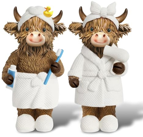 LUMIREX 2 Stück Highland Cow Badezimmer Deko, Hochlandrind Dekofiguren aus Harz, Bad Dekoration Modern, Niedlich Highland Kuh Deko für Schreibtisch Bad Schlafzimmer Wohnzimmer Bücherregal