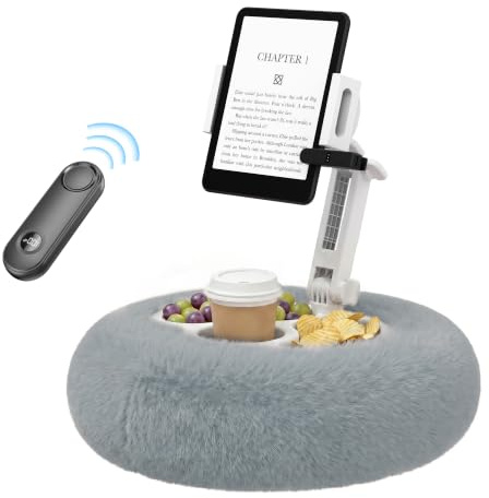 PlusAcc Kindle Kissenständer mit 3 Snackschalen – Tablet Halter Kissen, 360° verstellbar für den Einsatz auf dem Schoß, freihändiger Leseständer für Kobo, Tablets Fernbedienung zum Seitenwenden (Grau)