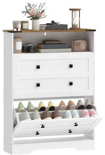 HOMCOM Narrow Shoe Cabinet with 2 Flip Drawers Adjustable Shelves White | Farmhouse Shoe Storage Cabinet, Open Shelf for Hallway, Space Saving, Holds 12-16 Pairs