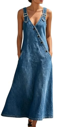 Genérico Falda de Mujer-Vestido Casual Mujer Vaquero Cuello Botones Corte Holgado Largo Mono Ajustado Estilo Diario Versátil