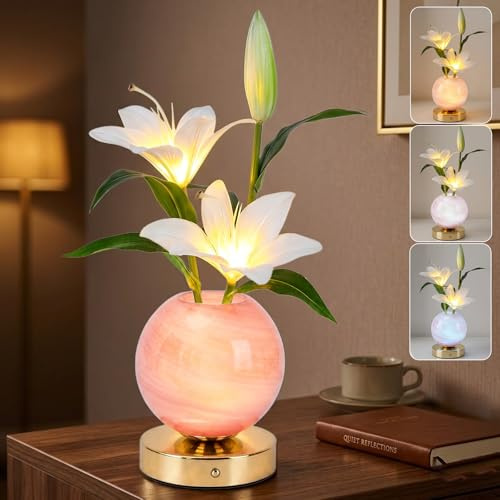 BVI BOOMERVIVI Tulip Table Lamp, Rechargeable Cordless Touch Dimming Artificial Tulip Flower Desk Lamp, LED Flower Bedside Night Light Romantic Gifts for Girl Women Mom (White Lily Pink Vase)