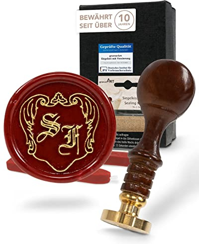 gravurART Siegelset Personalisierter Siegelstempel + 2 Stangen Siegelwachs und Goldkissen - Einladungen mit Wachssiegel personalisiert 2 Initialen Wappenrand