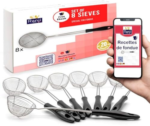 Ranji® - Juego de 8 Mini Coladores o Espumaderas para Fondue - Utensilios de Cocina de Acero Inoxidable - Ideal para Fondue China, Chocolate, Savoyarde y Festividades