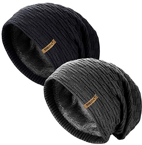 TOSKATOK® Ladies Mens Unisex Warm Winter Textured Knit Slouch Beanie hat with Cosy Faux Fur Teddy Fleece Liner-BLK/Grey-Twin