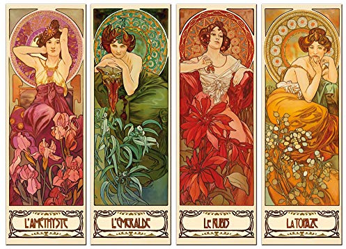 1art1 Alphonse Mucha Poster Die Vier Edelsteine, 1900, 4-Teilig Bilder Leinwand-Bild Auf Keilrahmen | XXL-Wandbild Poster Kunstdruck Als Leinwandbild 120x90 cm