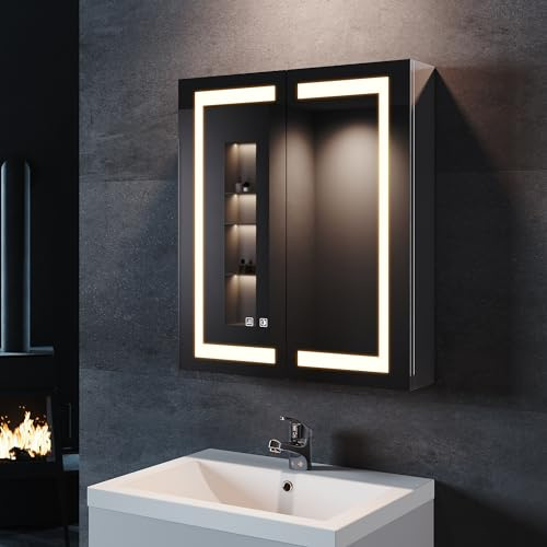 SONNI Spigelschrank mit Beleuchtung 60x70cm beschlagfrei Badspiegelschrank mit Rasiersteckdose und Touch-Schalter Edelstahl Badezimmer-Spiegelschrank | Kabellose Stromübertragung im Scharnier, mit Speicherfunktion, 2-türig, 3 Lichtfarben stufenlos dimmbar, IP44 Schutz