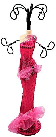 Smyckeshållare vintage dekorativ skyltdocka original stativ för halsband, örhängen, fint eller dekorativt armband hänge trä och tyg metallkrok H.40 cm fuchsia färg