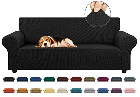 KEKUOU Stretch Sofa Cover Slipcover ，Couch Covers for 3 Cushion Couch Sofa pet Friendly (78-94) Furniture Protector Sofa with Elastic Bottom for Kids,Dog, Jacquard Small Checked(Large,Black)