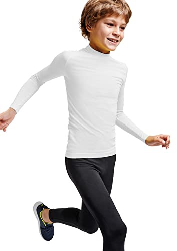 Camiseta Térmica Manga Larga | Niño | Tejido técnico Profesional | Transpirable | Unisex (Blanco, 10)