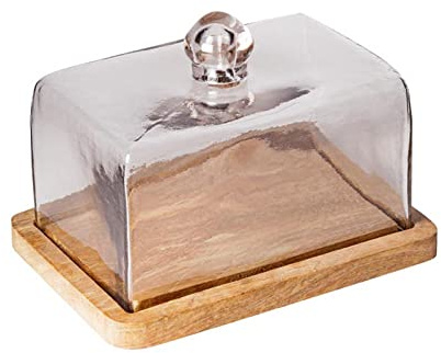 CHEHOMA Plateau Bois et Cloche Verre 13x22x22cm