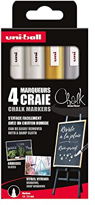 UNI-BALL Chalk Marker - Uni Mitsubishi Pencil - kritmarkörer PWE-5M - kortvarig märkning, regnbeständig - medium konisk spets - plastförpackning - set med 4 - vit X2, guld, silver