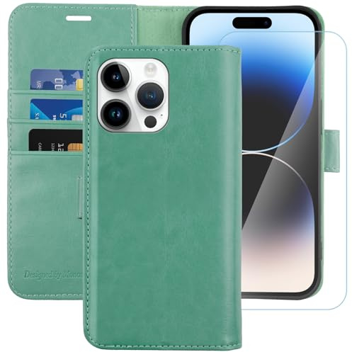 MONASAY Wallet Case for iPhone 14 Pro Max with 3 Card Holders - Mint | Kickstand,RFID Blocking,6.6 feet of shock absorption,PU Leather, Strong Magnetic Closure, Fits 6.7 inch ONLY,Protective film