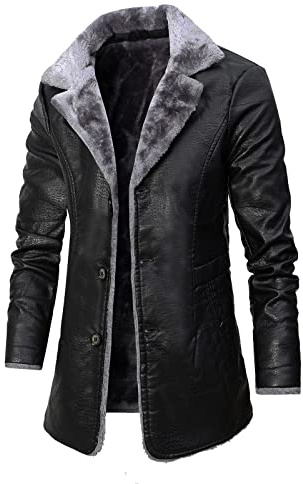 Générique Manteau Homme Hiver Long Chaud Veste Cuir Homme Vintage Slim Fit Business Parka Trench Coat Caban Col Fourrure Couleur Unie Manche Longue Blousons Duffle Coat Hiver Jacke (Noir, XL)