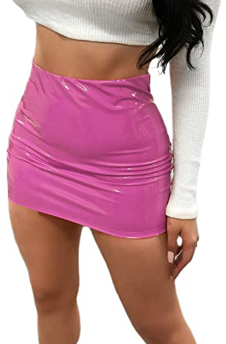 YILEEGOO Women's Skinny Faux Leather Wetlook Mini Skirts Sexy Shiny Metallic Stretchy Bodycon Pencil Skirts (Pink, S)