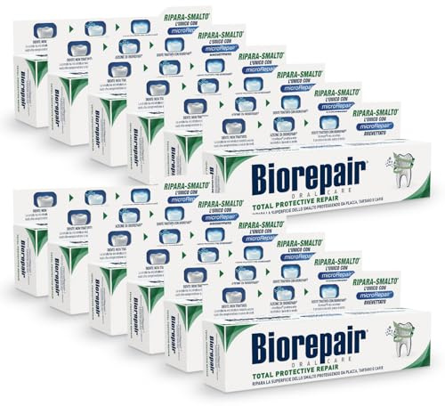 Biorepair, Total Protective Repair Zahnpasta, 12 Packungen à 60 ml, repariert den Nagellack, schützt vor Plaque, Zahnstein und Karies, repariert Nagellack, hält den Atem frisch, Zahnpasta ohne Fluorid