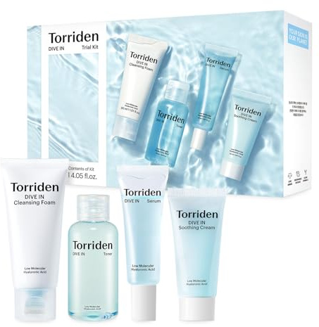 Torriden DIVE IN Trial Kit | Hyaluronic Acid Infused Daily Skincare Kit - 4 Step Regimen with Foam Cleanser, Facial Toner, Serum, and Cream | Travel Essential | Korean Skin Care Set