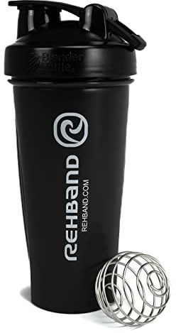 Rehband x BlenderBottle® Classic(TM) 820 ml (28 oz) Fitness-Shaker für Sport und Alltag mit Blenderball für perfekte Shakes, Trinkflasche Sport, Farbe:Schwarz, Größe:820ml / 28oz