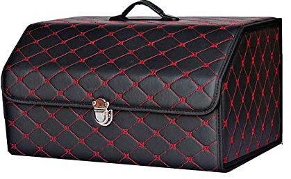 KAJAME Zusammenklappbarer Leder Auto Kofferraumtaschen Taschen Kofferraumtasche für FIAT 500L 500X Idea Tipo 124 Spider 500 TIPO Kofferraum-Organizer Autozubehör,F-XL-Black and red line