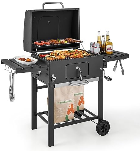 COSTWAY Charcoal BBQ Grill, Portable Smoker Barbecue Griller with Hooks, Wheels, Foldable Side Tables & Thermometer, Outdoor Garden Picnic Adjustable Barbecue Trolley (with 2 Side Table, 128x54x117cm)