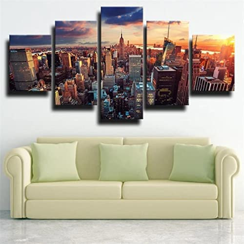 Leinwandbild Wandbild Bild 5-Tlg New York City Sonnenuntergang Abend Ohne Rahmen 150 X 100 Cm Leinwanddrucke Kunstdrucke Dekor Kunstwerke Moderne Bilder Für Heimdekorationen Wohnzimmer Esszimmer Schl