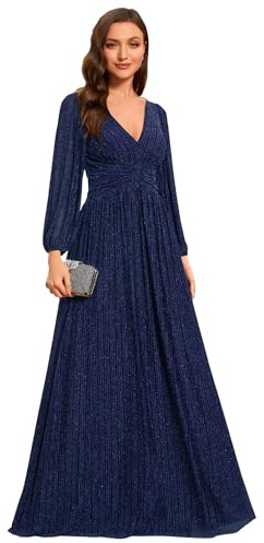Ever-Pretty Women's Glitter A Line V Neck Pleated Long Sleeve Evening Dress 01961
