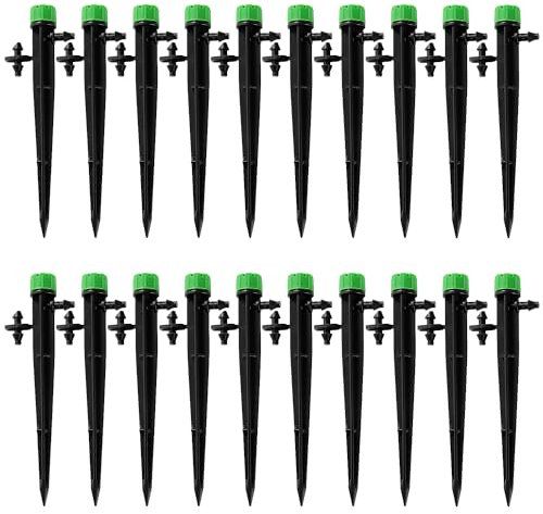 VooGenzek 20 PCS 360 Degree Adjustable Irrigation Dripper Sprinkler, Micro 8-Hole Stake Emitter Dripper for 4/7 mm Garden Hose Irrigation System, Water Flow Stake Emitter, Green (with Connector)
