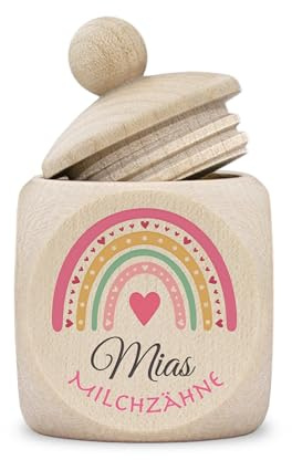 Zahndose Milchzähne Mädchen Milchzahndose Holz Name Regenbogen Rosa Pink | Holzdose für Wackelzähne, Holzbox, hochwertiger Druck, mit Schraubverschluss, Drehverschluss, personalisiert