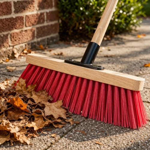 LS 12” Sweeping Brush Outdoor Broom Heavy Duty PVC Bristles Yard Brush with Wooden Handle Garden Brooms for Cleaning Patio Yards Warehouse and Garage (RED)