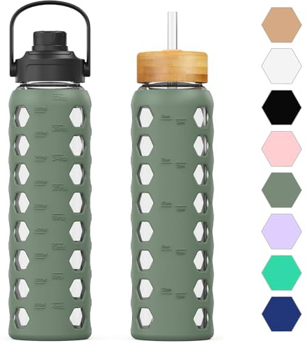 HYDRAGLAZIC 950ML Glass Water Bottle with 2 Flip and Bamboo Straw Lids Sports Water Tumbler with Time Reminder and Silicone Sleeve Leak-proof BPA Free, Oliver