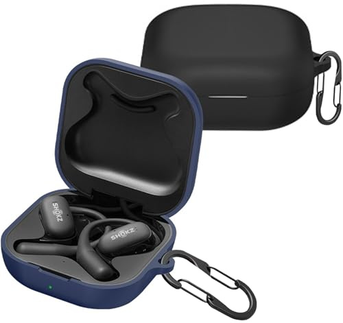 easyBee Custodia compatibile con Shokz OpenFit Open Ear Earbuds [con 2 moschettoni], custodia in silicone liquido, ultra sottile, antiurto, custodia per cuffie Bluetooth, colore: nero e blu