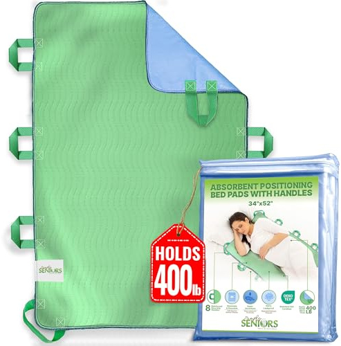 Absorbent Positioning Bed Pads for Elderly with 8 Handles 34x52- Washable Waterproof Incontinence Draw Sheets - Reusable Bed Mobility Under Pads for Seniors Disabled & Bedridden Patients-Fast-Drying