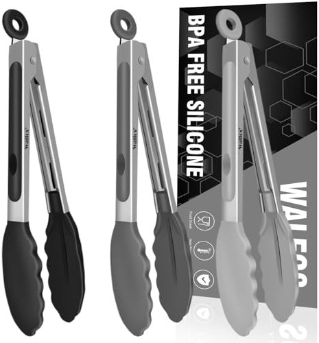 Walfos® Kochzange Hitzebeständige 3 Stücke 18CM, Küchenzange BPA-freie Silikonspitzen, Ideal für Küchenzange（Grau, Dunkelgrau und Schwarz）