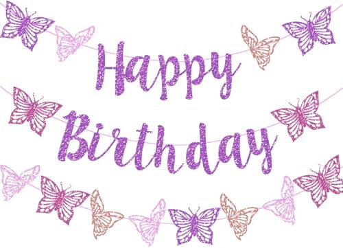 Bandiera Happy Birthday, Striscione Con Farfalle, Scritta Buon Compleanno, Decorazioni 3D da Appendere e da Parete Per Feste di Compleanno (Viola)